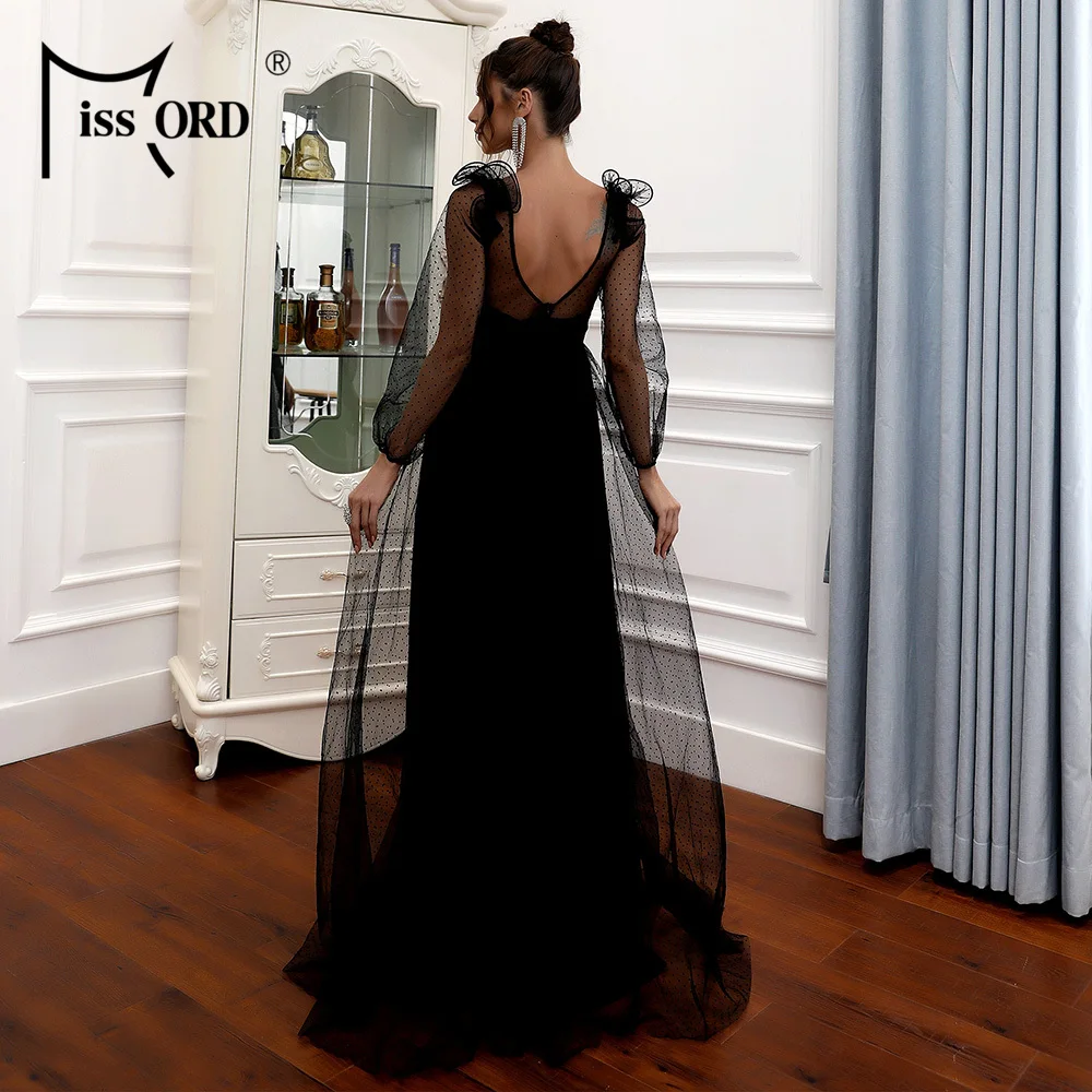 Missord Black Mesh Evening Dress Elegant Women See Through Long Sleeve Backless Celebrity Birthday Party Dresses Tutu Gown