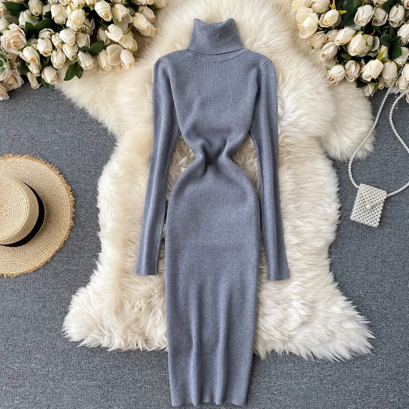 Sweter 2023 zimowy golf ciepły długi rękaw sukienka dzianinowa koreańska moda casualowa jednolita damska obcisła sukienka Midi — zdjęcie 5