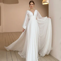 Sexy Puff Sleeves Chiffon Boho Wedding Dress Customized V Neck Ruched Drapped Simple Sweep Train Vestido Noiva Bridal Gowns
