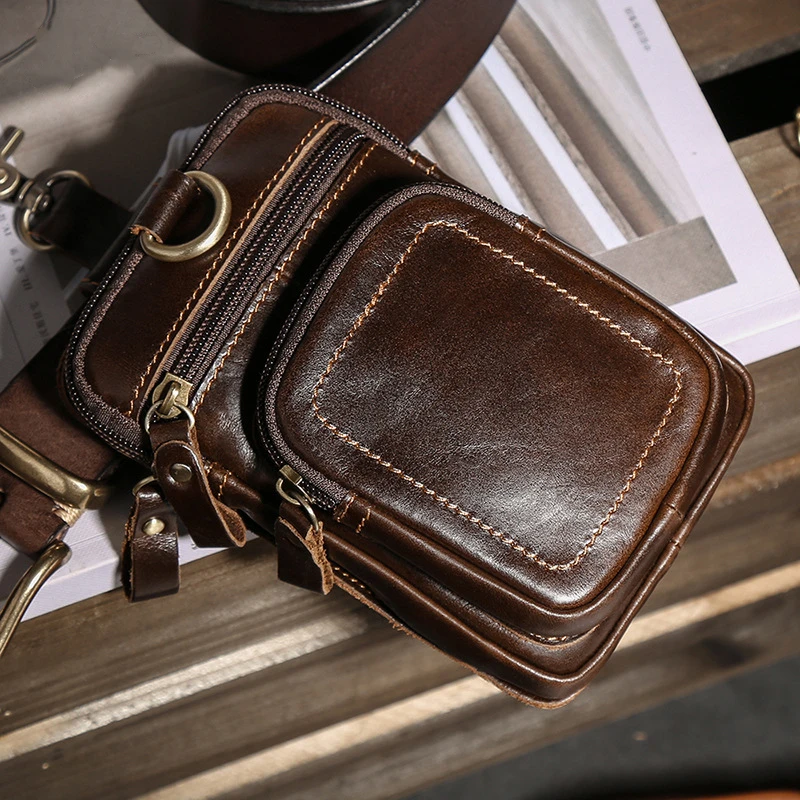 Vintage Crazy Horse Leather Fanny Waist Pack Men Genuine Leather Travel Belt Waist Bags Male Small Phone Pouch Loop Hip Bum Bag