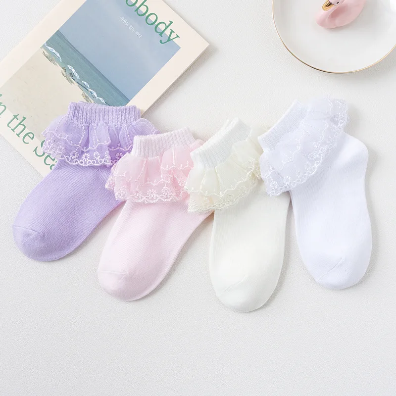 

2020 Brand Winter Baby Girls Socks Lace Ruffle Frilly Flower Kids Cotton Short Socks Breathable Princess White Dance Socks