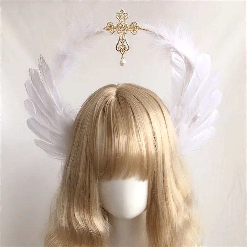 Lolita Sun Godmother's Headwear Headband KC Gothic White Angel Wings Virgin Mary Bead Chain Baroque Tiara Hair Accessories