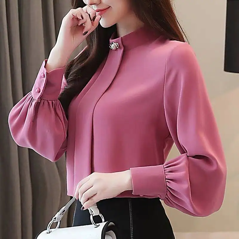 Elegant Fashion Solid Stand Collar Chiffon Shirt Office Lady Casual All-match Commuter Lantern Sleeve Loose Oversized Blouse 5XL