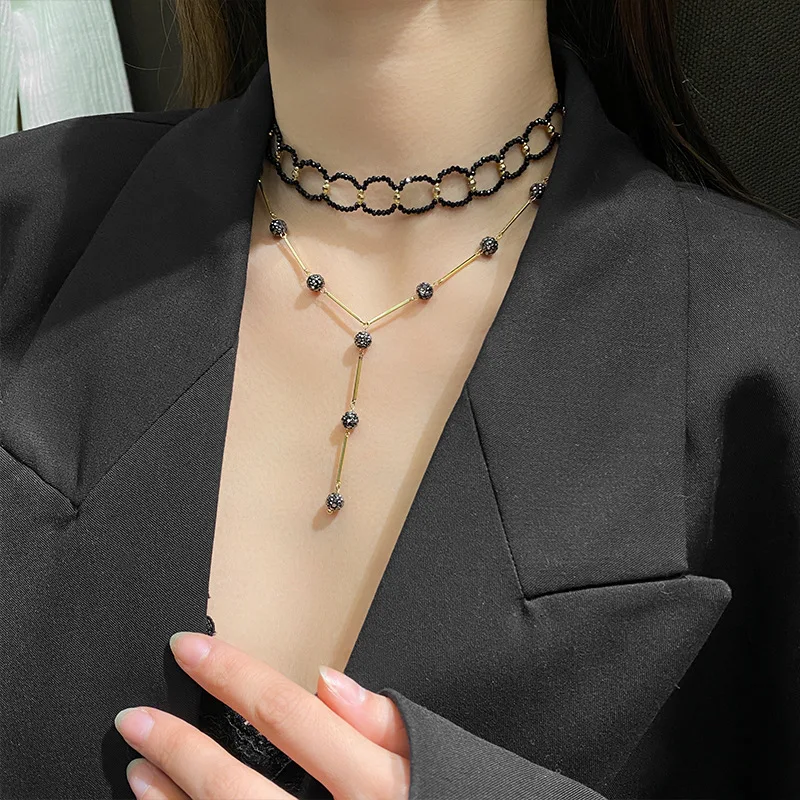 Fashion Vintage Black Diamond Pendant Choker Clavicle Chain Simple Necklace For Women  Korean Fashion Necklaces Gift Jewelry