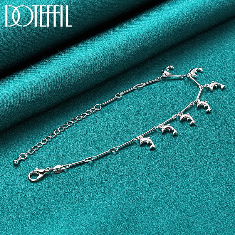 DOTEFFIL 925 Sterling Silver 7 Dolphin Pendant Bracelet Chain For Women Wedding Engagement Party Fashion Jewelry