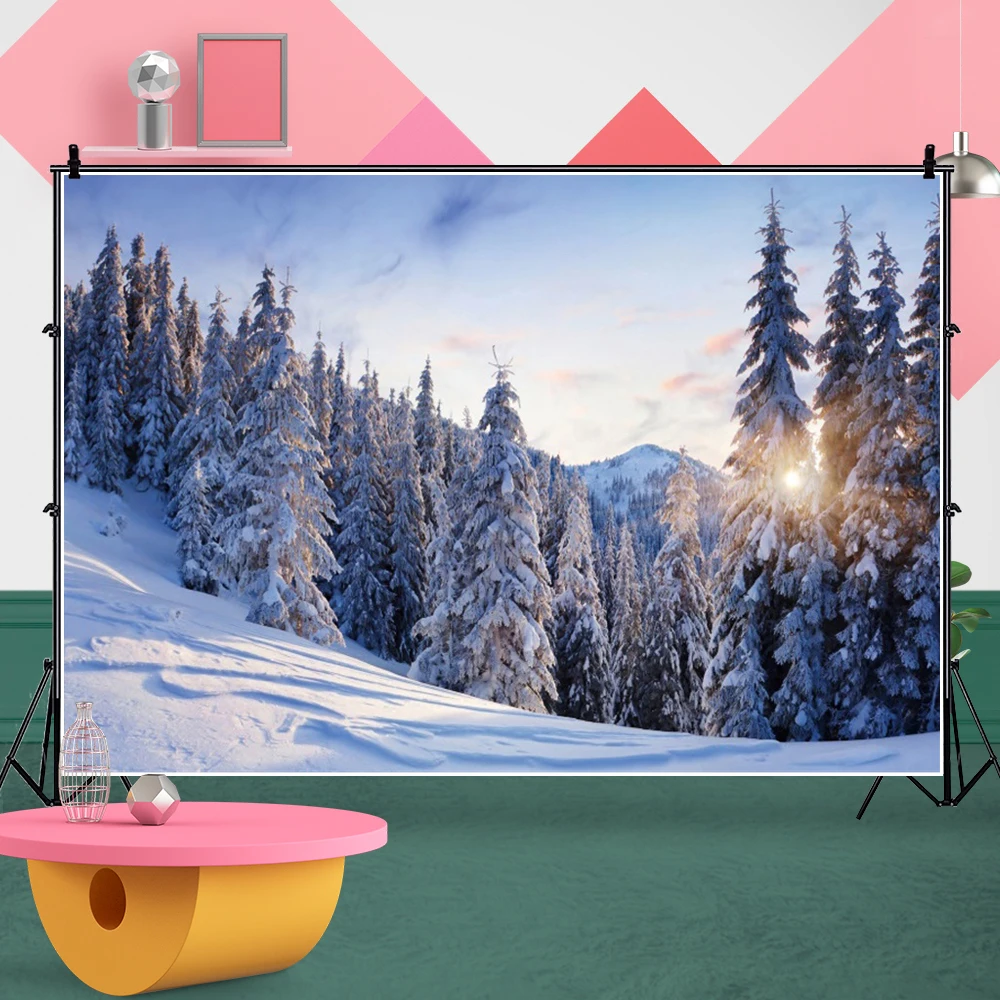 Laeacco inverno floresta árvore de natal montanha paisagem retrato sala decoração pano de fundo foto fotográfica