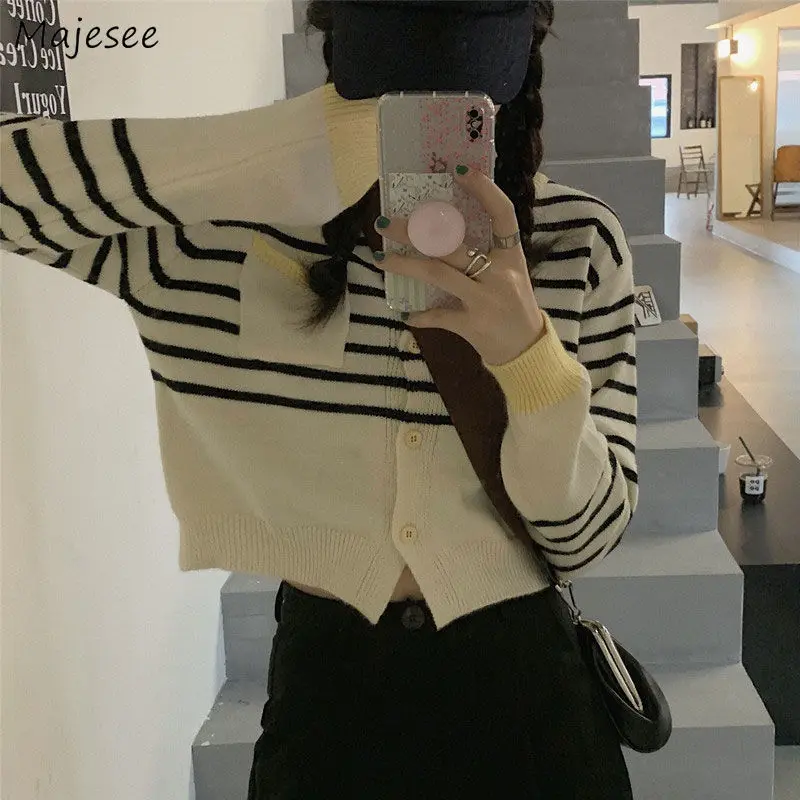 

Cardigan Women Leisure Cropped Ladies Sweaters All-match Striped Long Sleeve O-Neck Autumn Hot Sale Popular Teens Basic Vintage