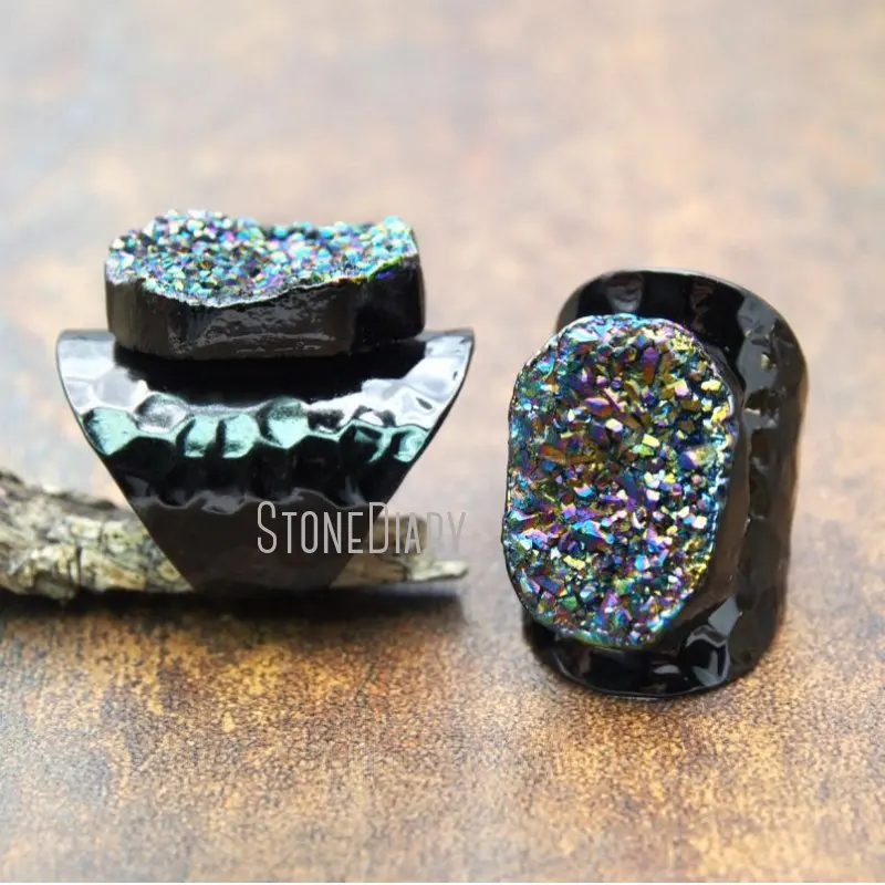 

RM15314 5Pcs Fashion Gun Black Plated Free Form Ring Titanium Rainbow Druzy Crystal Ring For Sale Adjustable