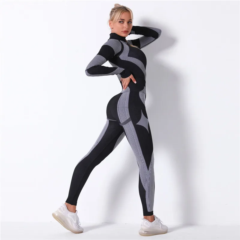 Women 2pcs Seamless Set Sport Suit Gymwear Workout Clothes Long Sleeve Gym Top High Waist Leggings Fitness Women Sets