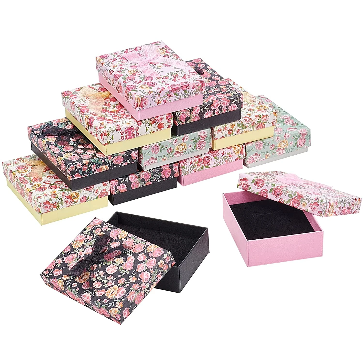 

24Pcs Flower Pattern Jewelry Box Container Ring Earrings Display Gift Box Bowknot Necklace Bracelet Packaging Box with Sponge