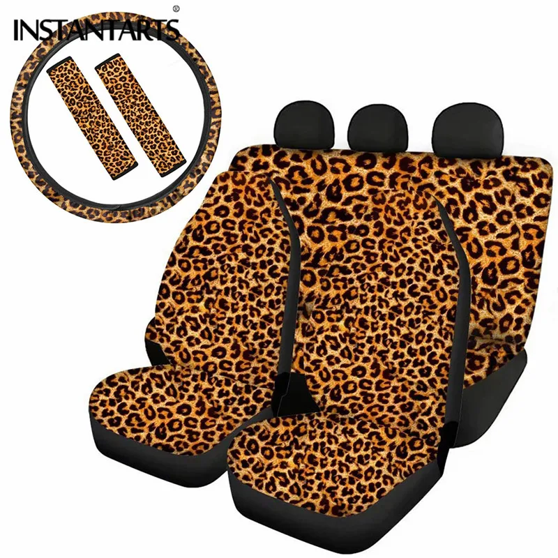 INSTANTARTS Fashion Car Seat Protector for Women Hot Sexy Leopard 3D Print Car Steering Wheel Cover Auto Seat Belt Sets Covers