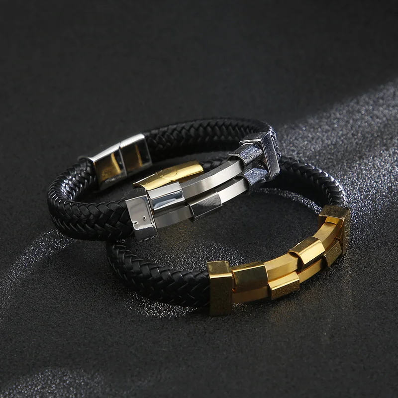 KALEN Double Layer Stainless Steel Bangles Men Hiphop/Rock Cowhide Leather Bracelets For Men Jewelry