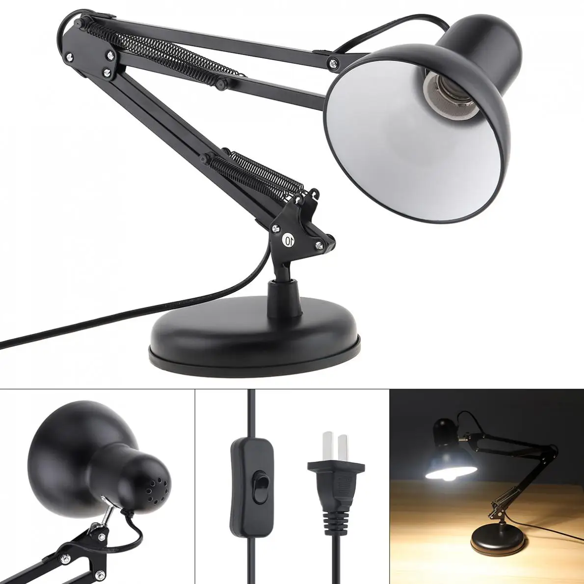 LED Desk Lamp Black Flexible Swing Arm Clamp Mount Desk Lamp with Base and Key Switch Support E27 Bulb for Office Home Reading