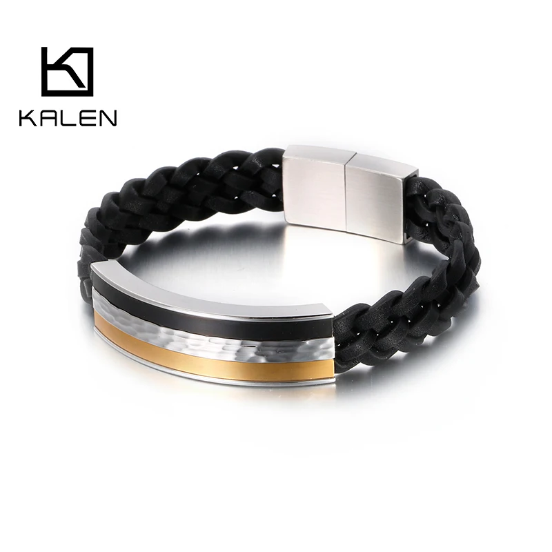 KALEN 21.5cm Black Genuine Leather Bracelet Men Stainless Steel Hip Hop Biker Bracelet Jewelry