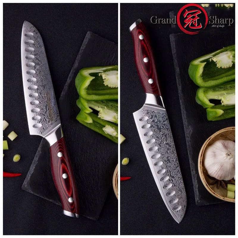 Damascus Knife Set 2Pcs Damascus Japanese Steel AUS-10 Santoku Utility Knives Cooking Kitchen Pro Tools with Gift Box GRANDSHARP