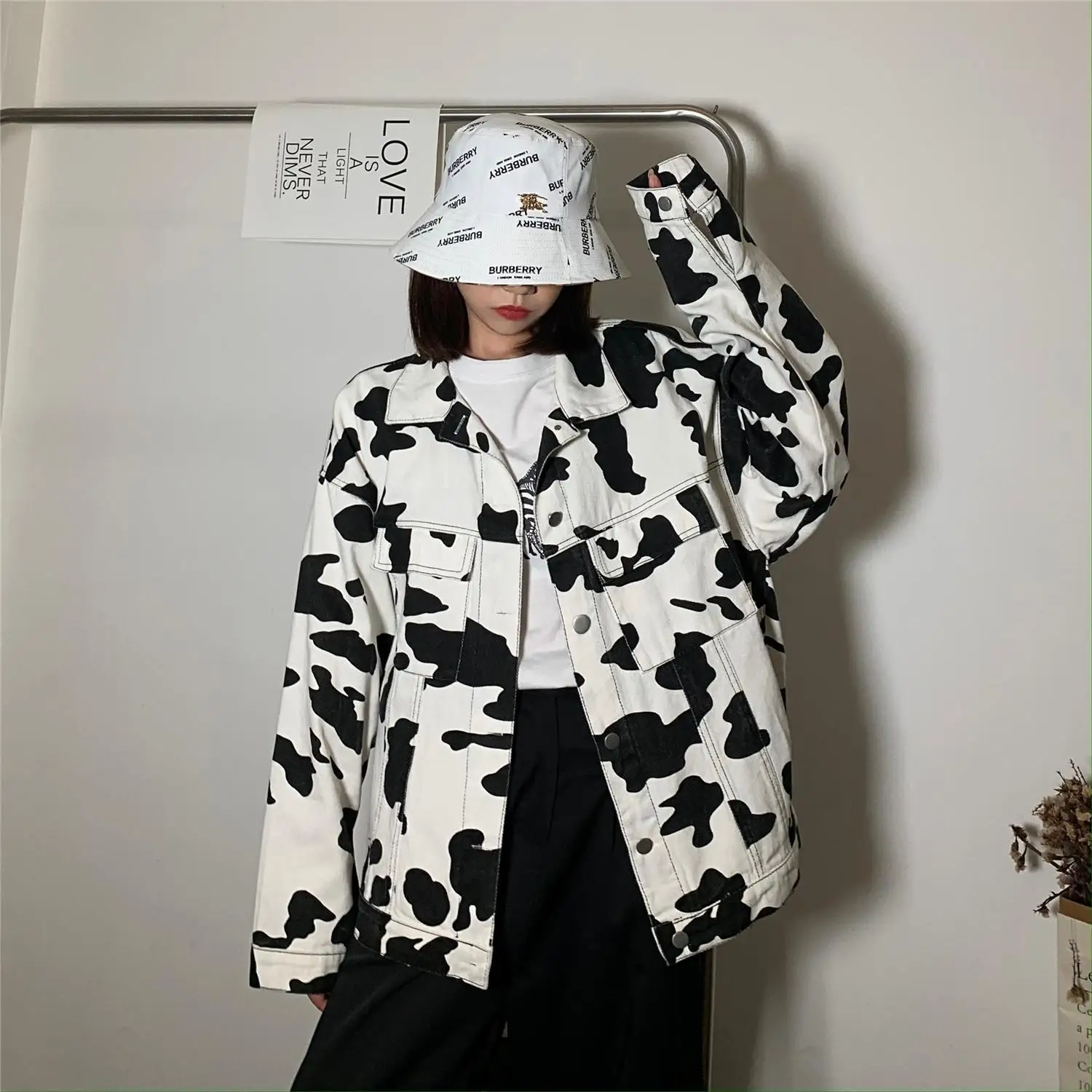 2023 Spring Fall Indie Korean Vintage Streetwear Loose New Plus Size Coats Women Cow Print Single Breasted Jacket Denim Jacket