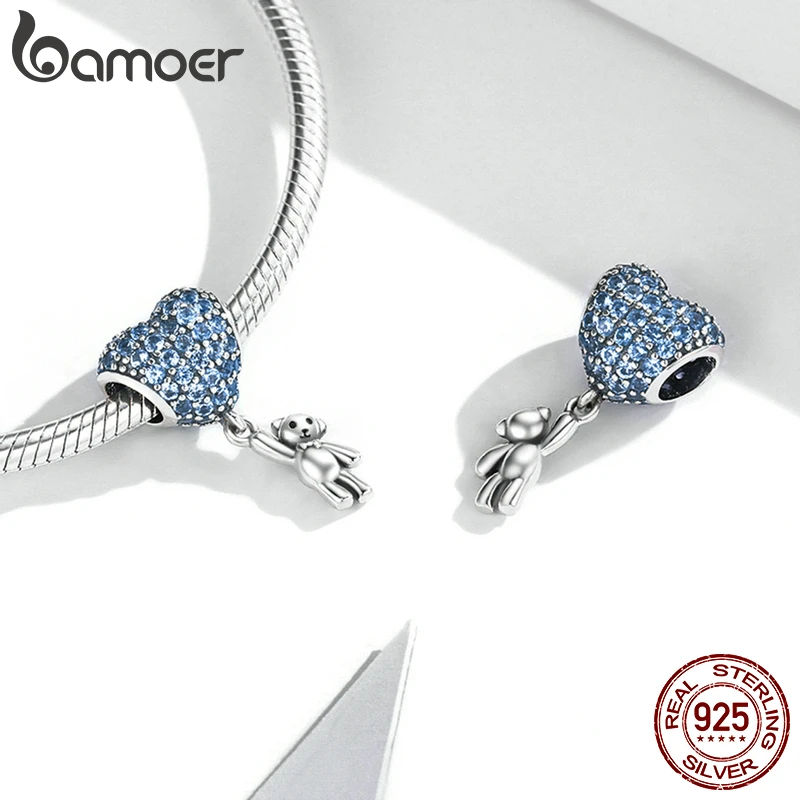 bamoer Luxury Silver Rainbow Heart Blue Crystal Balloon Bear Charm 925 Sterling Silver Pendant for Original Bracelet DIY Jewelry