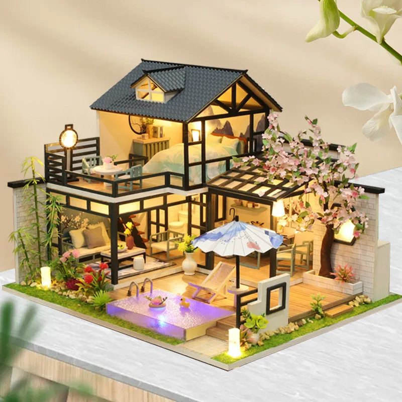 

New Diy Miniature Building Kit Dollhouse Model Japanese Style Wooden House With Light Doll House Furniture Kids Toys Adult Gifts