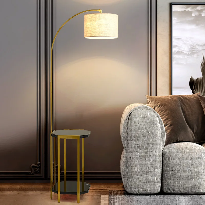 

Useful Metal Gold Floor Lamp With Book shelf Double Shelf Floor Light Modern Good Selling Standing Lamp With Plate Fabric Shade