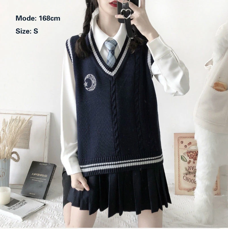 Nieuwe Navy Blauw/Grijs/Beige/Wijn Rode Kleur Trui Vest Effen Kleur Jk Leuke Cosplay Trui Meisje school Vest Ster Embroid