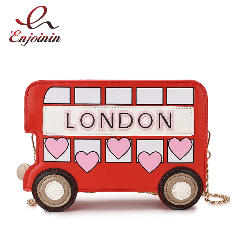 Cute LONDON Bus Design Girsl Chain Shoulder Bag Embroidered Cartoon Women Novelty Purses and Handbags Fashion Red Crossbody Bag