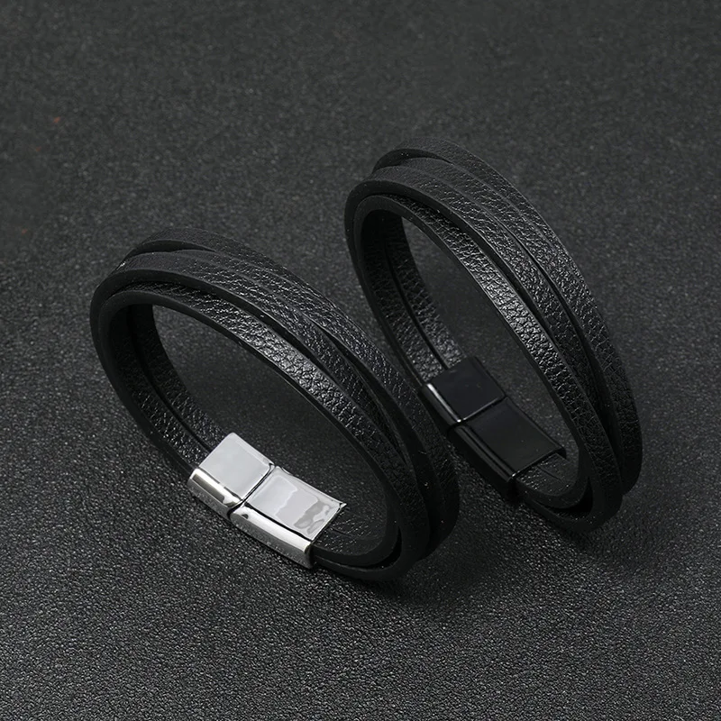 Luxury Multicolor Style Design Classic Stainless Steel Men's Leather Bracelet Black/Brown 21/23 cm Choose Handsome Men's Gifts