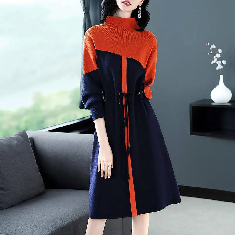 Knitted Sweater Dresses Women Autumn Winter Color Matching Slim Long Turtleneck Sweater Dress Elegant Pullovers H161