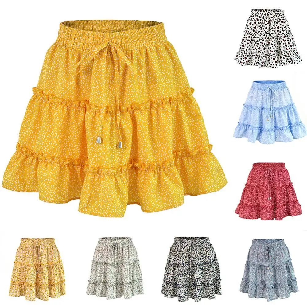 

Женская плиссированная мини-юбка, хлопковая Повседневная пляжная юбка, трапециевидная, с цветочным принтом, с оборками, 80%, 2020, S-XXL