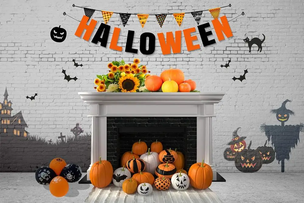Cenário fotográfico de halloween de alta qualidade, decoração branca de tijolos, abóbora para decoração de festas, fundo de fotografia