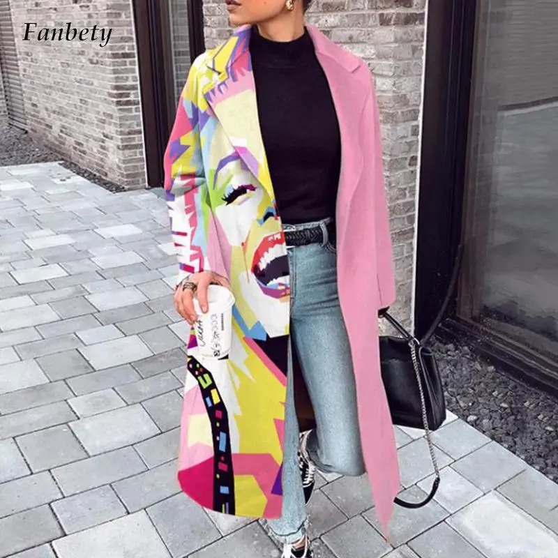 Fall Winter Elegant Women Fashion Lapel Collar Button Long Tops Outwear Casual Pattern Colorful Print Patchwork Cardigan Coats