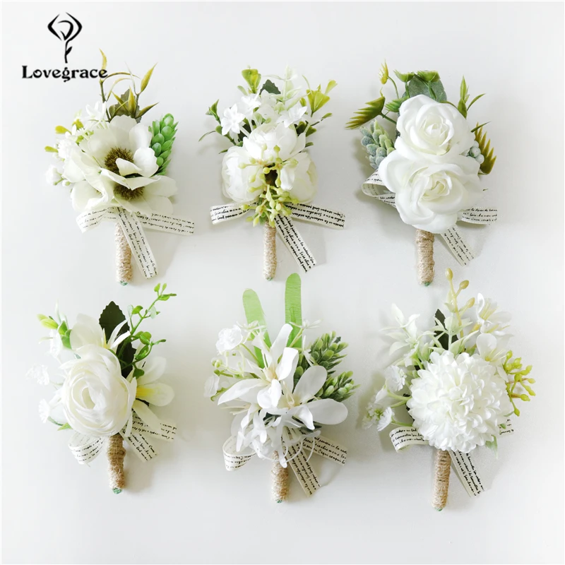 Boutonniere Corsage ข้อมือสร้อยข้อมือแต่งงานเจ้าสาวดอกไม้ผ้าไหมสีขาว Rose Boutonniere เจ้าบ่าวเจ้าสาว Buttonhole แต่งงานอุปกรณ์เสริม