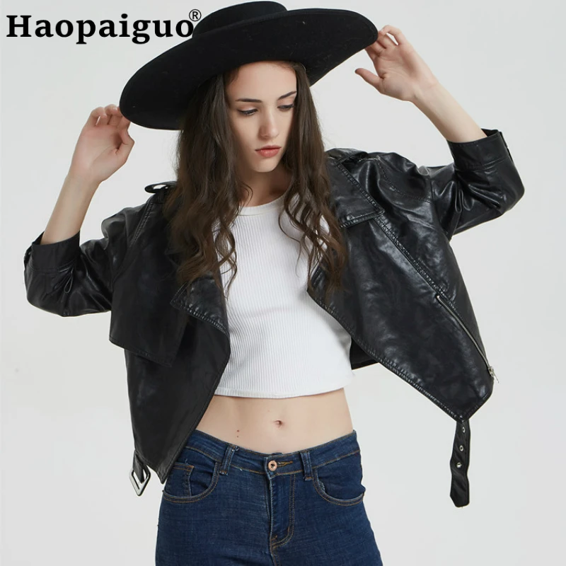 

2019 Autumn Women Black Leather Jacket Solid Washed PU Coat Short Length Zipper Motorcycle Modis Ladies Basic Jacket with Sashes