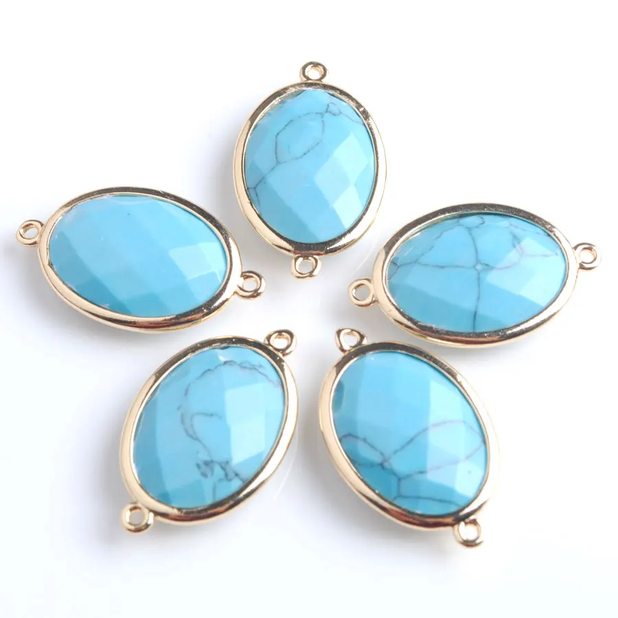 

10pcs Shiny Oval Faceted Natural Blue Turquoises Stone Beads Two Hole Connector for Female Homme Jewelry Making Z9067