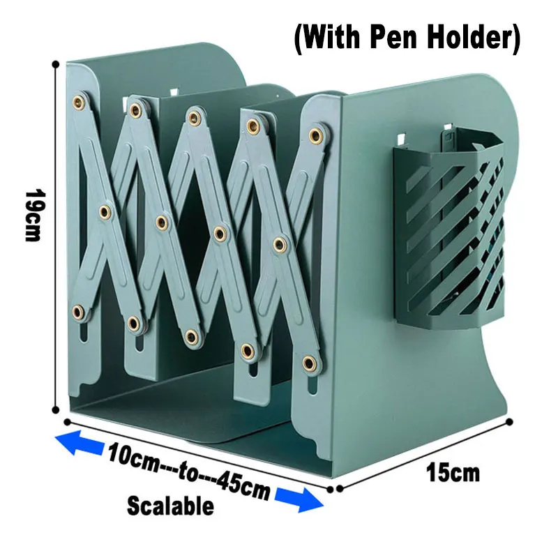 Metal Scalable Bookends With Pen Holder Retractable Shelf Book Stand Adjustable Flexible Bookshelf Office School Desk Organizer