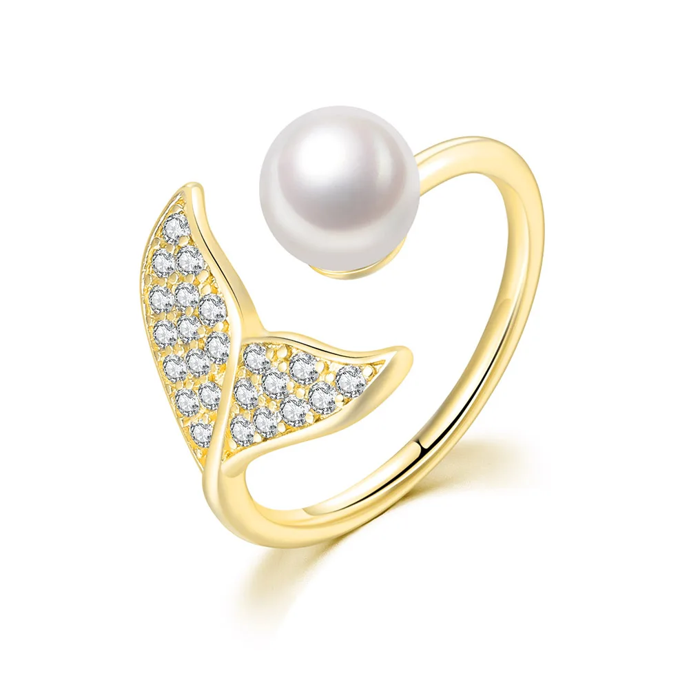 Dainty Mermaid Tail Rings For Women Ladies Gold Color Whale's Tail Imitation Pearl Ring With Zircon Jewelry Fashion Jewelry R203