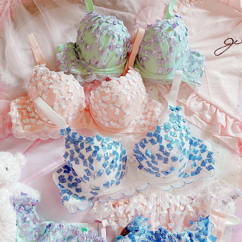 Sweet bra set Japanese romantic girl candy embroidery bow net gauze small chest gathered steel ring  ladies underwear panties