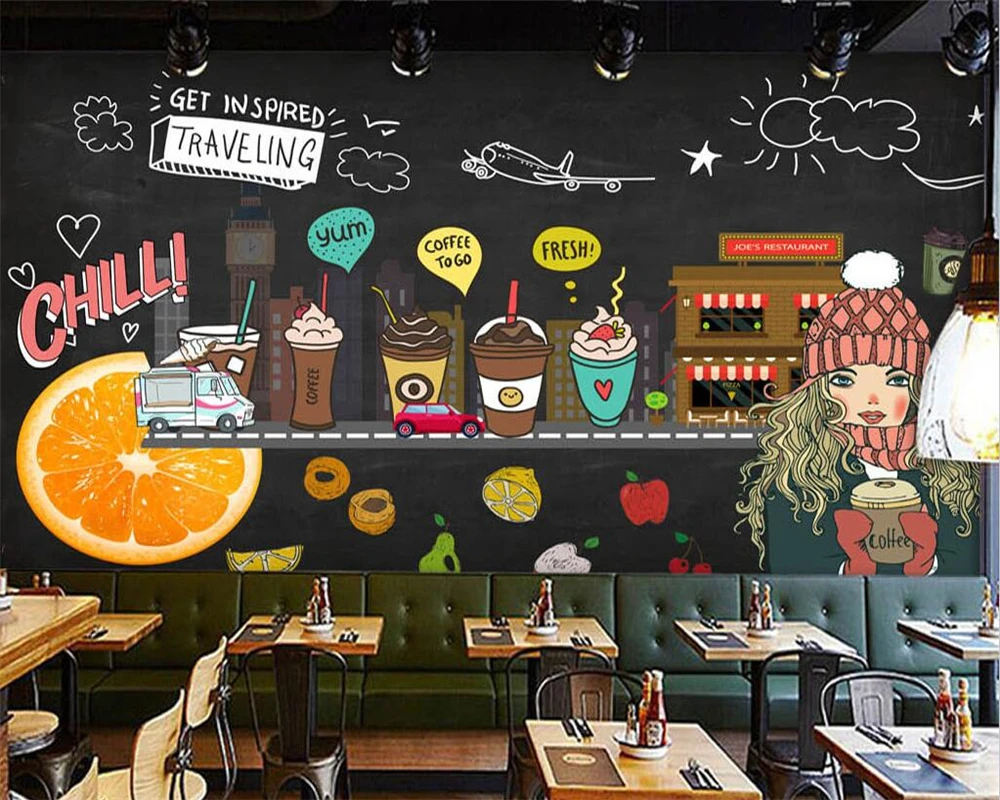 

Custom wallpaper 3d hand-painted blackboard fruit coffee shop background wall restaurant burger milk tea shop mural papier peint