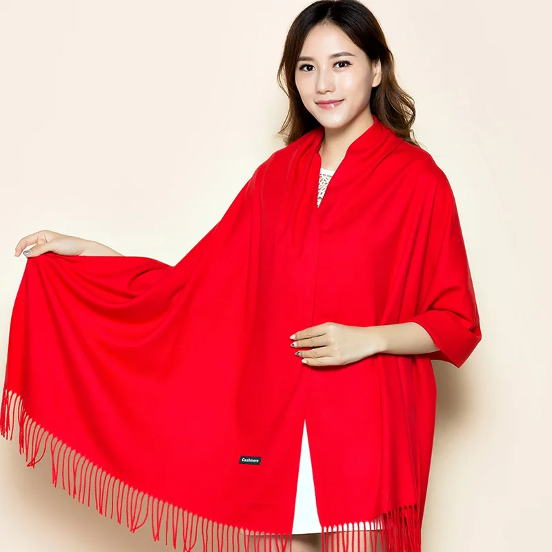 

Women Winter New Arrival Cashmere Pashmina Shawl Scarf Lady Long Solid Color Tassel Wrap Shawl Soft Red Annual Meeting Scarves