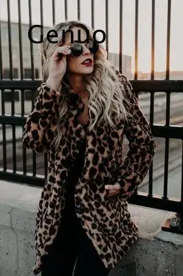 Outono/inverno nova moda casacos de pele do falso e jaquetas para mulher lapela leopardo estampado comprimento médio casaco quente mangas compridas