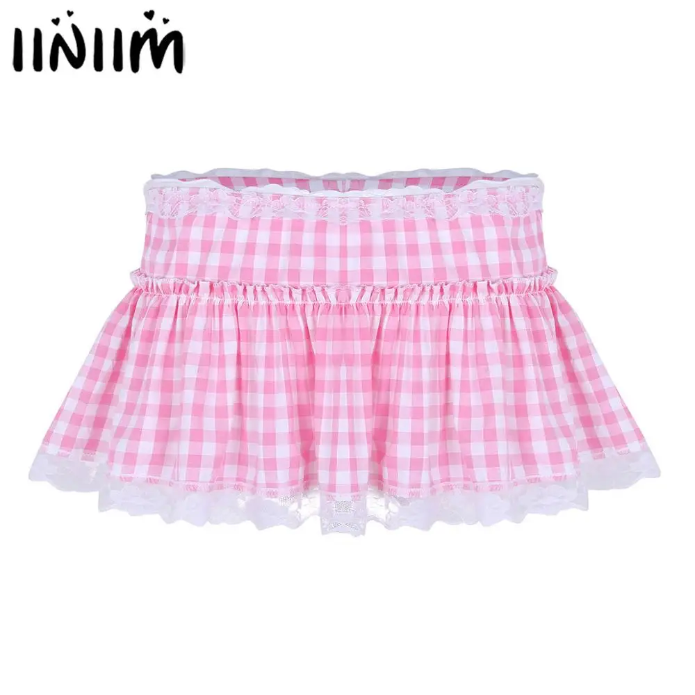 Womens School Girls Gleeing Skirt Short Gingham Miniskirt with Lace Hem Pleated Sissy Mens Sexy Cosplay A-line Mini Skirt