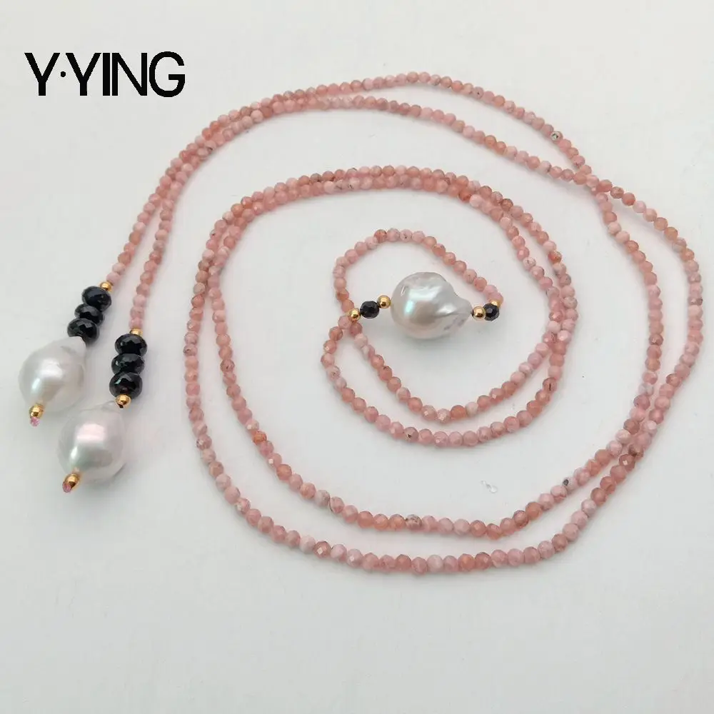 

Y·YING 51'' Natural Faceted round Pink Rhodochrosite Black rondelle onyx Keshi Pearl Long Necklace sweater chain career women