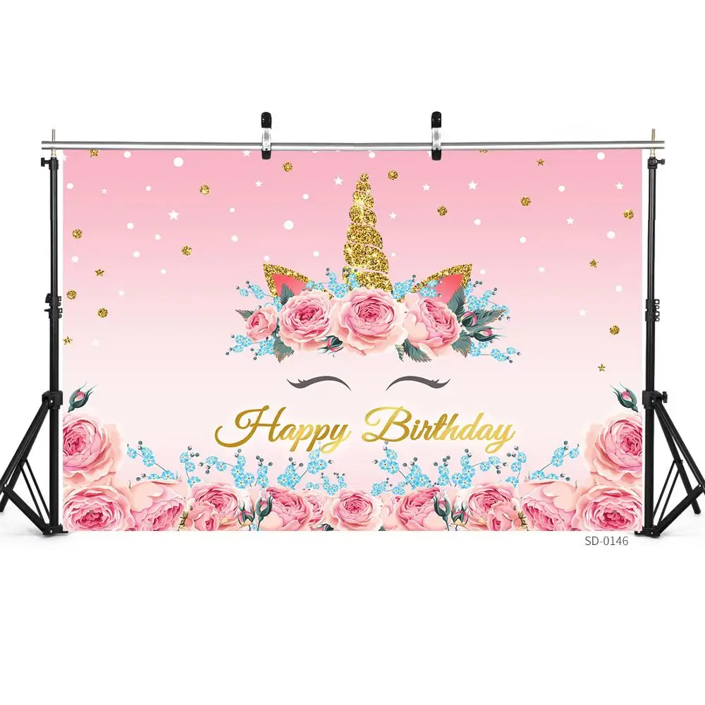Z kwiatami jednorożcem tęcza nazwa własna baner urodzinowy tła Baby Shower noworodka fotografia Backdrops rekwizyt do studia fotograficznego