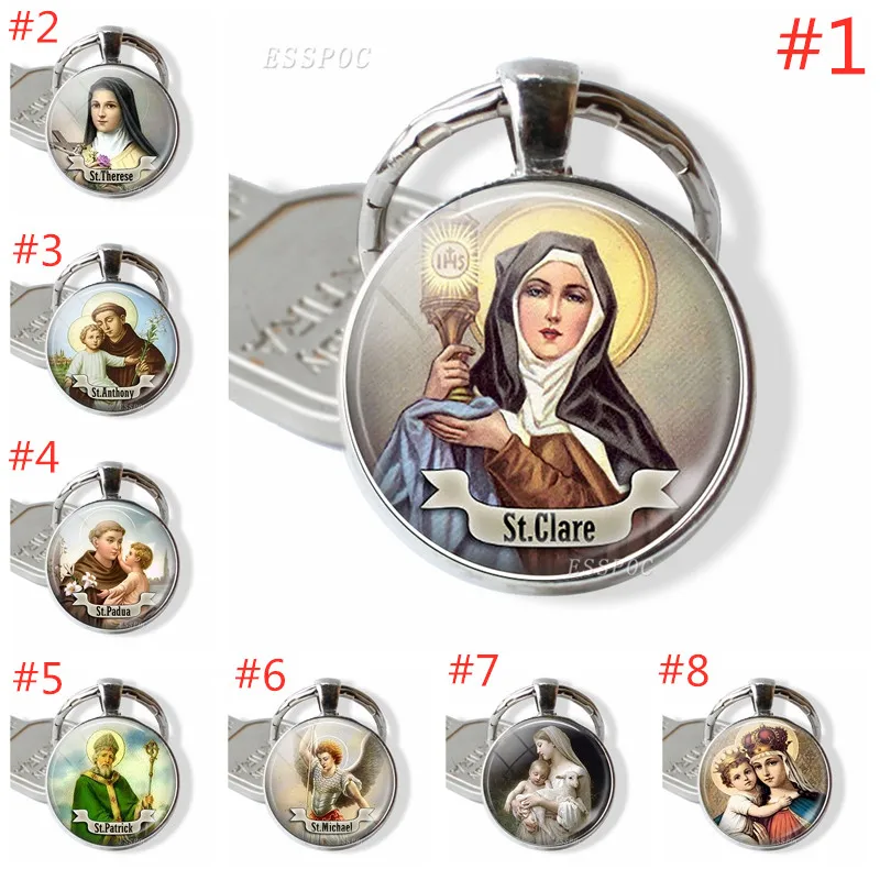 ST THERESE Keychain Religious Medal Saint Keyring Art St Therese Gift Jewelry Religious Cabochon Religious Key Ring Chain