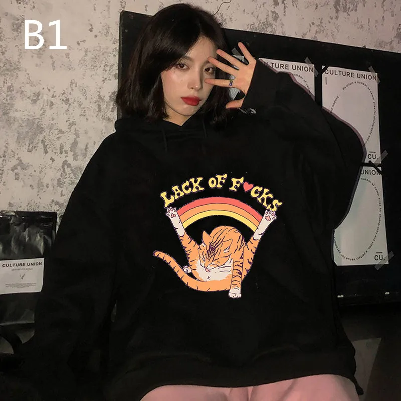 

Sexy Orange Cat Cartoons Print Women Hoody Crewneck Fleece Sweatshirt Kawaii Casual Clothes Fashion Pocket Fleece Hoodie Female