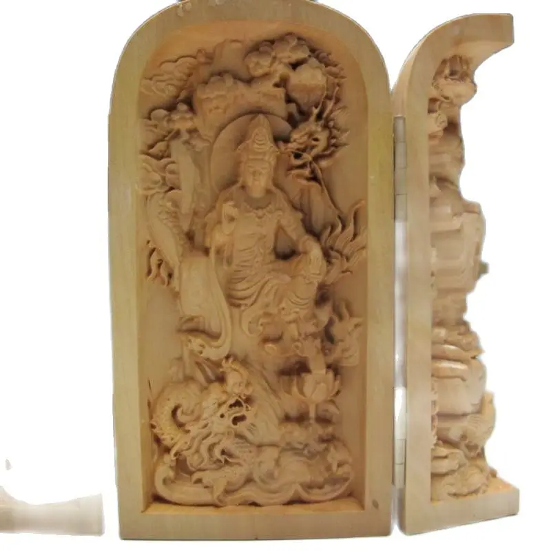 Decorated Boxwood Highly Difficulty Carved Floding Box  Guanyin & Child