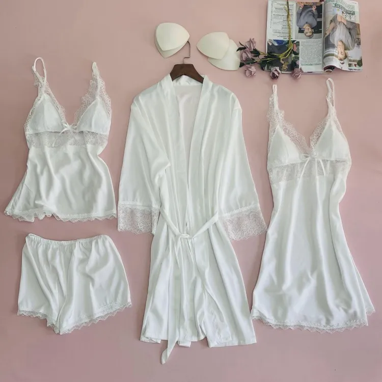 White Women Robe Set Sleepwear Sexy Lady Lace Rayon Summer Nightgown Intimate Lingerie Kimono Bathrobe Gown Nightwear