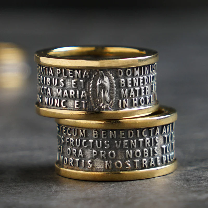 

Catholic virgin Mary Scripture silver inlaid copper ring ins fashion men custom single personality Ring