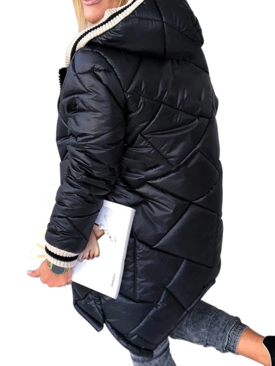 Quilted Parka Women Casual Striped Hooded Zipper Jacket Long Sleeve Autumn Winter Streetwear Patchwork Fashion Casual Coat