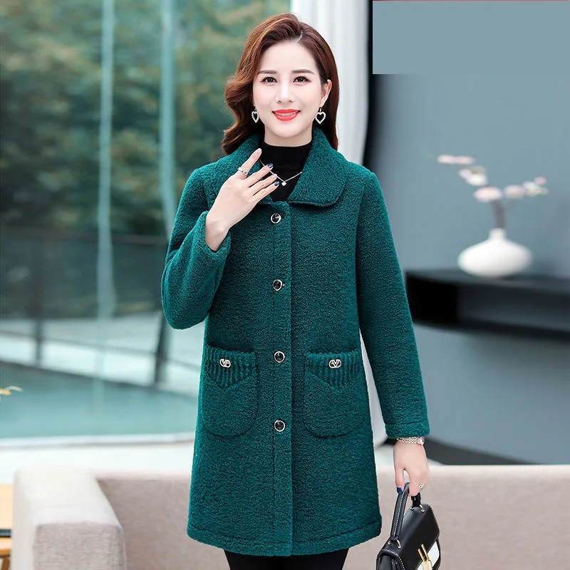 Middle-aged Mothers Faux lamb Wool Coat 2023 Autumn Winter Loose Long-sleeve Outerwear Solid Female Jacket Parkas Casual Tops