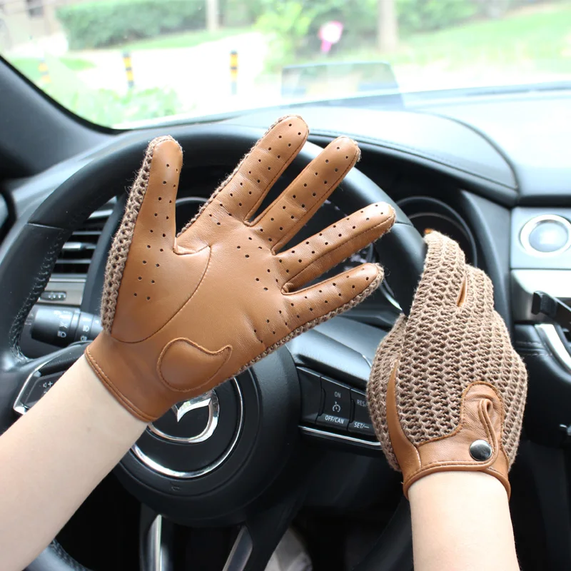 New style leather Women\'s sheepskin gloves non-slip touch screen unlined knitted breathable driving riding motorcycle gloves